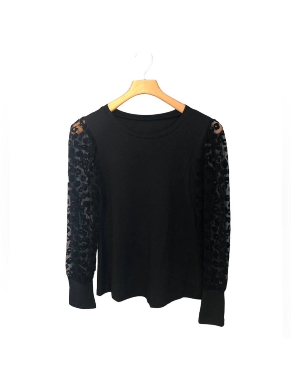 Black Animal Print Sheer Ribbed Long Sleeve Shirt Medium NWOT